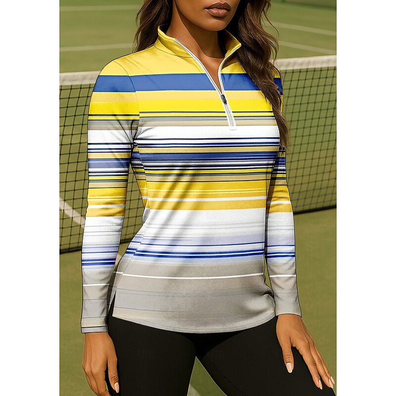 Women's Geometric Stripes Shirt Sport Shirt Golf Polo Shirt Tennis Shirt Long Sleeve Zipper Floral UPF50+ UV Resistant High Elasticity Moisture Wicking Breathable Tennis Golf Pickleball High Neck