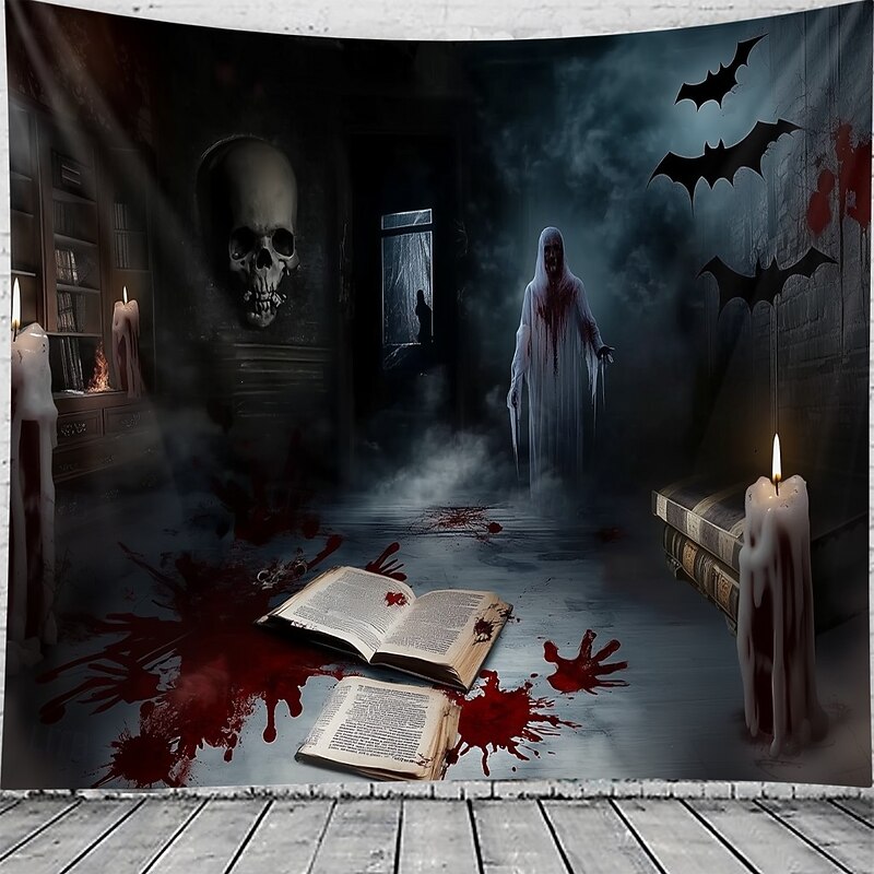 Halloween Horror Wall Tapestry – Haunted Room with Bloody Books, Ghost, Skull and Bats, Scary Wall Hanging for Party, Bedroom, Living Room  2025 Halloween Decoration2