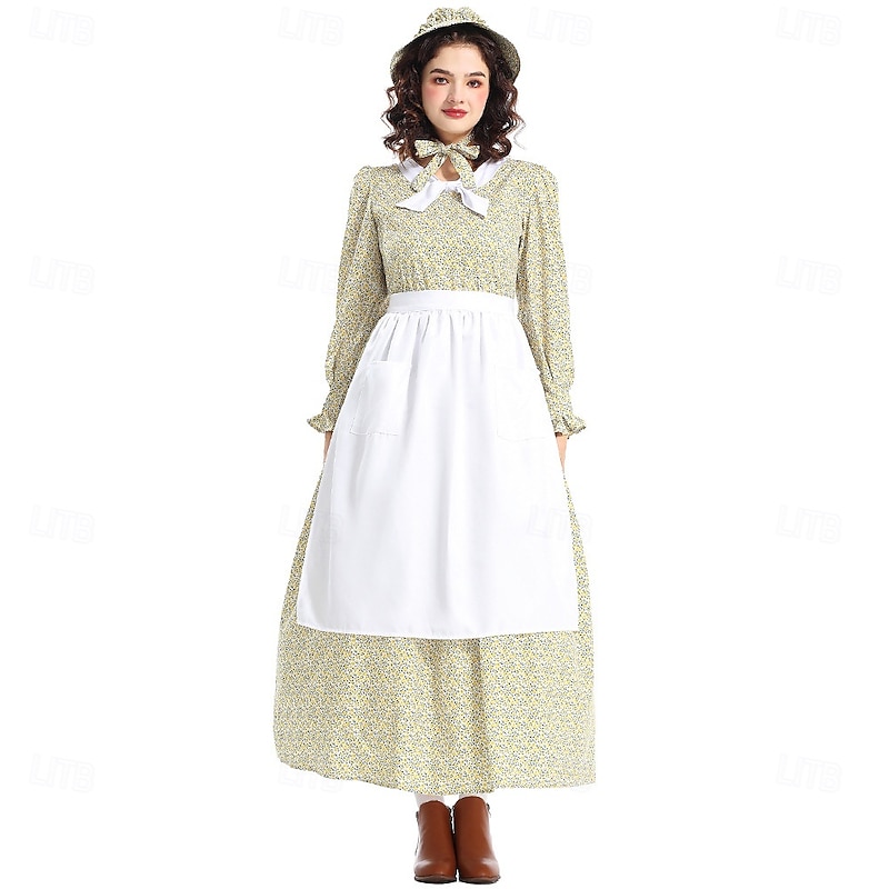 19th Century 1800s Old West Prairie Dress Bonnet and Apron Set Pioneer Floral Fancy Dress Women's Halloween Carnival School Event Dress Up Historical reenactment Adults Dress Apron Hat