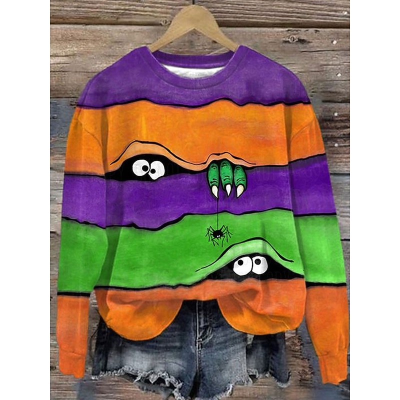 Halloween Women's Sweatshirts Monster Graphic Casual Long Sleeve Crew Neck Round Neck Regular Tops Street Dailywear Casual Print Yellow Orange Green Khaki Spring Fall Winter