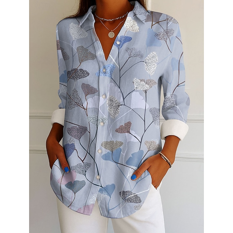 Women's Shirt Button Down Tunic Shirt Collar Long Sleeve Graphic Leaf Elegant Vintage Tropical Regular Tops Work Daily s Print Blue Purple Green Beige Spring2