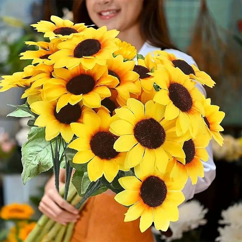 12 Bundles Artificial Sunflowers Fall Decor, UV Resistant Plastic Flowers for Indoor Outdoor Wedding Garden Patio Decoration, No Fading, Autumn Thanksgiving Christmas Decorations2