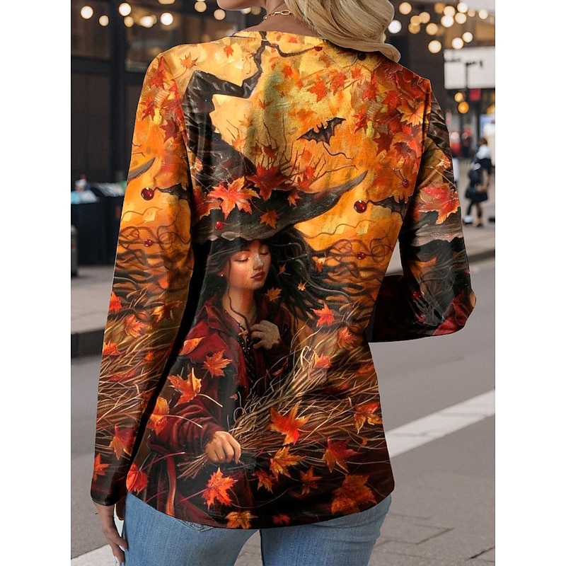 Halloween Women's T shirt Witch Long Sleeve Crew Neck Long Sleeve Tunic Graphic Casual Round Neck Regular Tops Daily Print Purple Orange Green Fall Prefall2