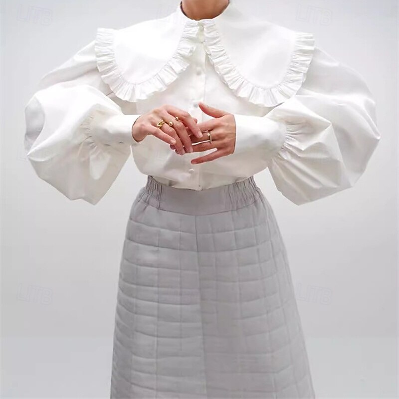 Women's Shirt Plain Daily Stylish Basic Long Sleeve Bishop Sleeve Shirt Collar Regular Tops Work Daily Holiday Buttons White Spring Fall2