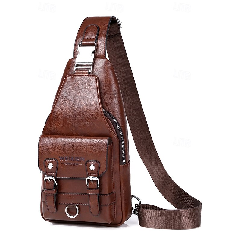 Men's Vintage Faux Leather Sling Bag – Multi-Pocket Crossbody Chest Pack for Casual, Travel and Outdoor Activities