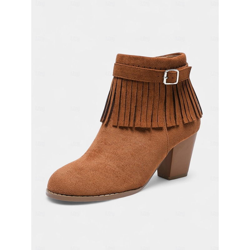 Women's Faux Suede Fringe Ankle Boots with Block Heels – Western Style for Garden Parties, Farm Festivals and Autumn Casual Wear2