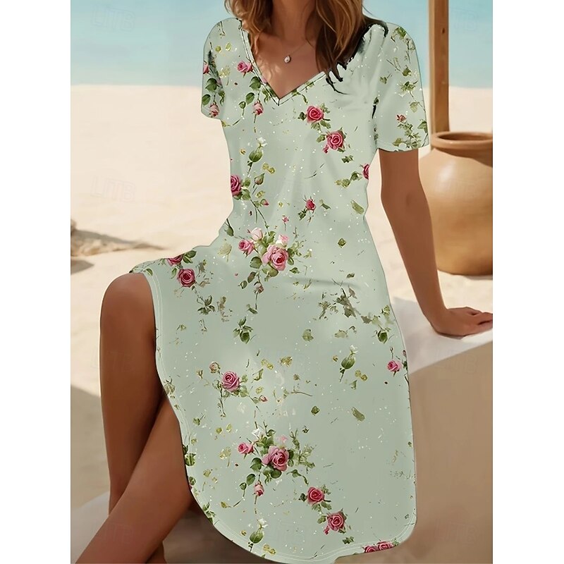 Women's Mini Dress T Shirt Dress Tee Dress Sundress A Line Dress Vacation Casual Boho Going out Beach Regular Fit Floral Graphic Short Sleeve V Neck Black Light Green Blue Sky Blue Summer Spring2