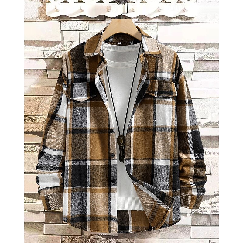 Men's Lightweight Jacket Shirt Jacket Casual Jacket Shacket Vacation Daily Breathable Pocket Spring Fall Plaid Fashion Classic Lapel Regular Green Khaki Gray Jacket2