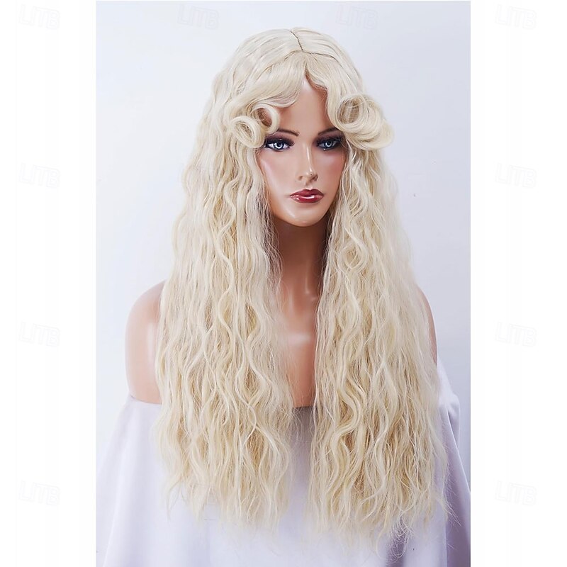 Long Blonde Wig for Women Vintage Water Wavy Gold Wig with bangs Synthetic Retro Wig for Halloween Daily Use2