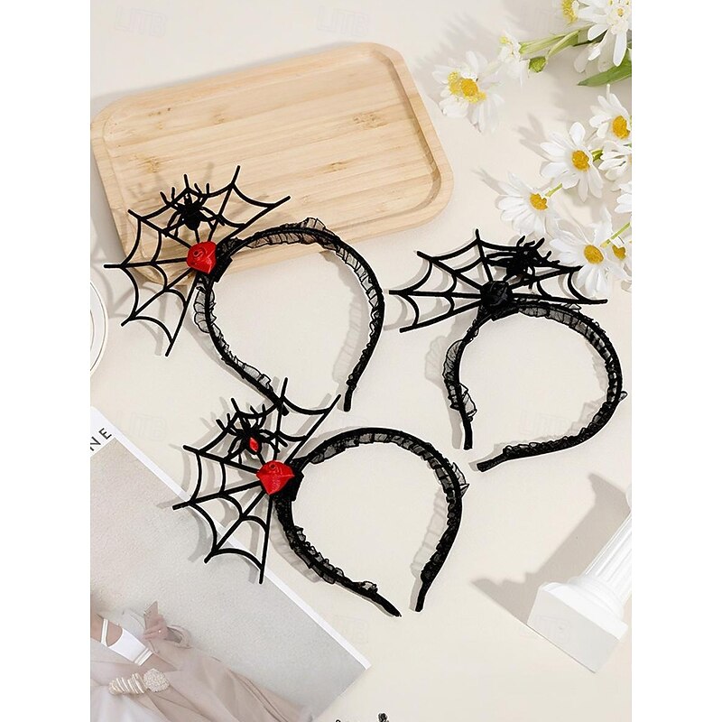Women's Halloween Spider Web Headband – Gothic Black Lace with Red Rose and Spider Design, Lightweight Polyester and Plastic, Perfect for Costume Parties and Cosplay3