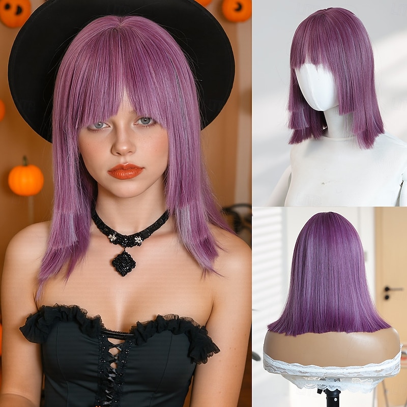 Women's 12″ Purple Straight Halloween Wig – Synthetic Hair with Bangs, Ideal for Spooky Cosplay & Everyday Fashion