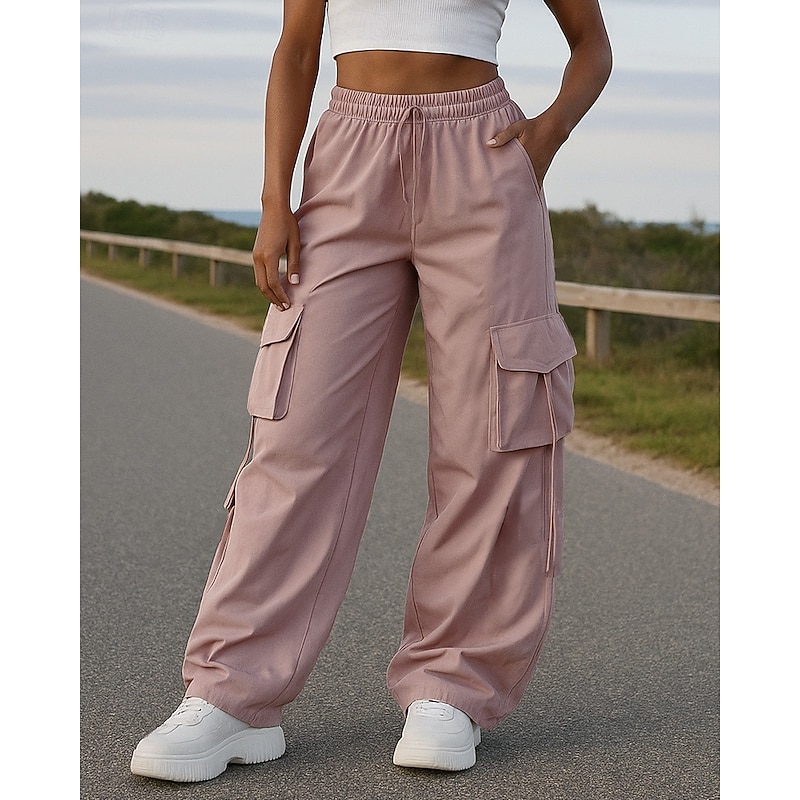 Women's Wide Leg Pants Cargo Pants Jogging Pants Pocket Drawstring High Waist Bottoms Athleisure Gym Workout Fall Breathable Gym Workout Outdoor Running Loose Fit Sportswear Activewear Solid Colored