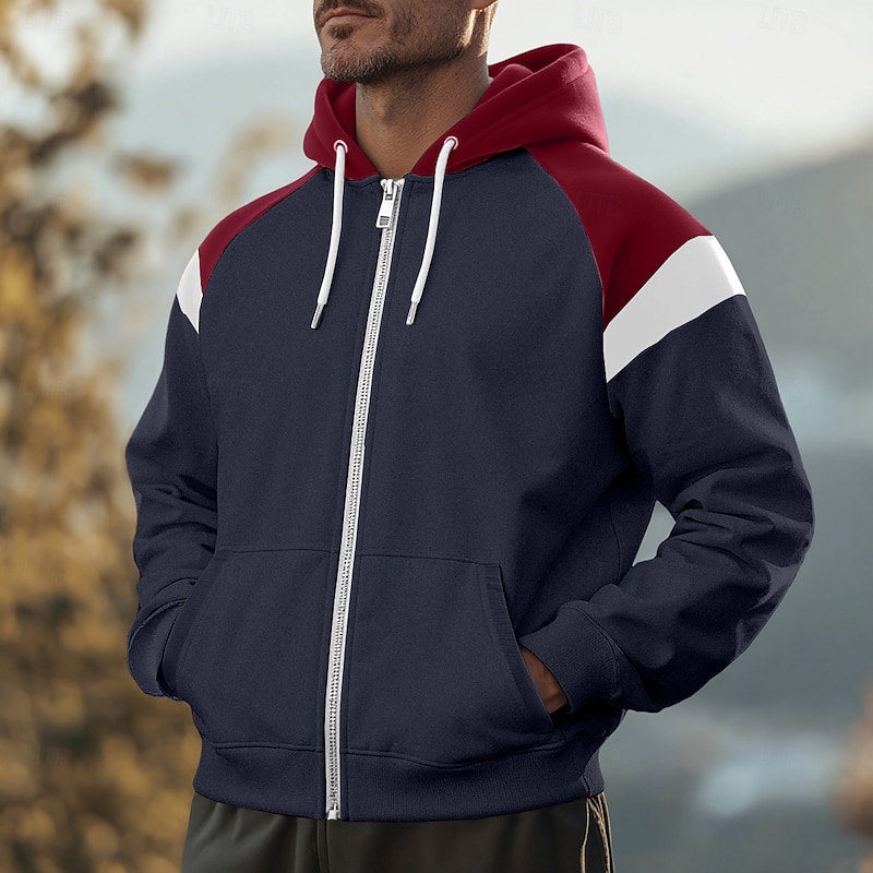 Men's Hoodie Full Zip Hoodie Fleece Hoodie Black Red Navy Blue Beige Gray Hooded Plain Patchwork Zipper Sports & Outdoor Casual Daily Streetwear Cool Sportswear Spring &  Fall Clothing Apparel Hoodies4