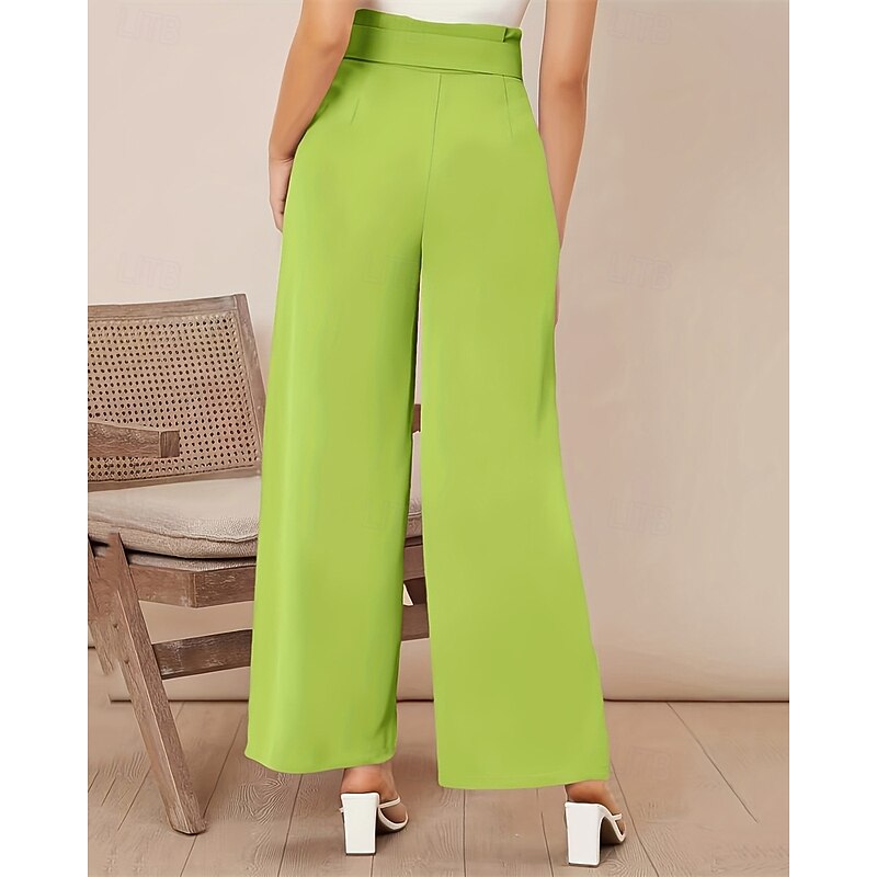Women's Dress Pants Wide Leg Pants Trousers Fashion Streetwear Full Length High Waist Plain Breathability Comfortable Micro-elastic Business Daily Wear Dark Brown Black Light Green Pink Summer Spring4