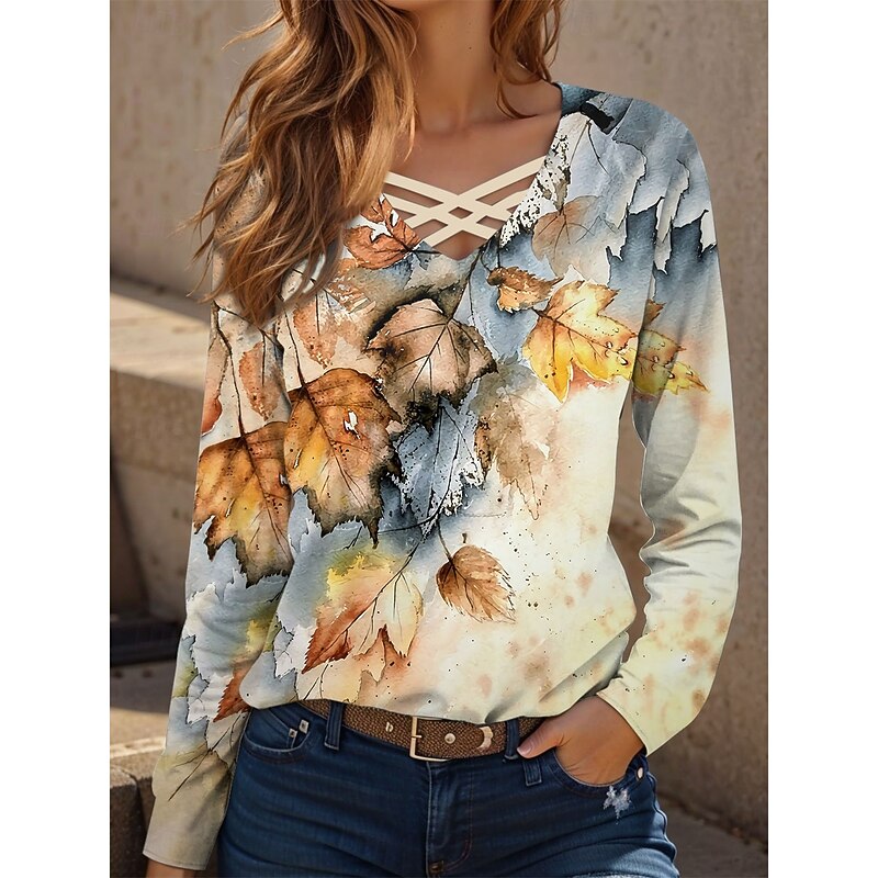 Women's T Shirt Floral Graphic Vintage Stylish Classic Long Sleeve V Neck Regular Tops Daily Cut Out Print Yellow Blue Green Spring Fall