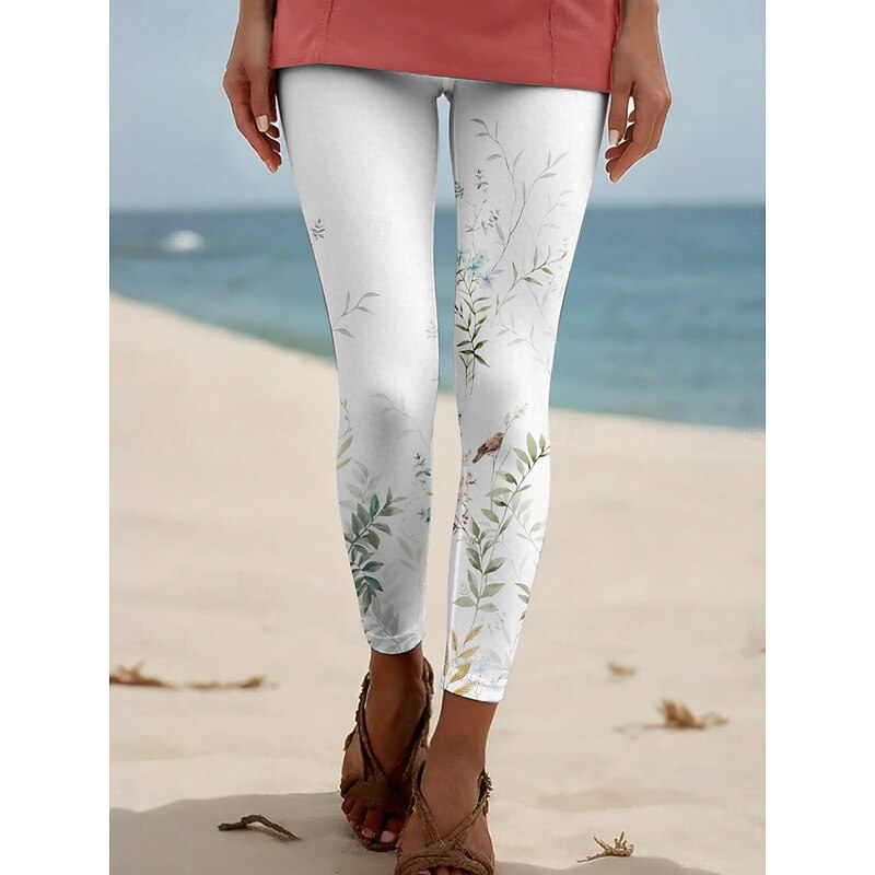 Women's Pants Trousers Leggings Cozy Leggings Streetwear Casual Full Length High Waist Floral Stripe Elastic Waist Print Breathability Comfortable Stretchy Vacation Street Daily Wear White Yellow