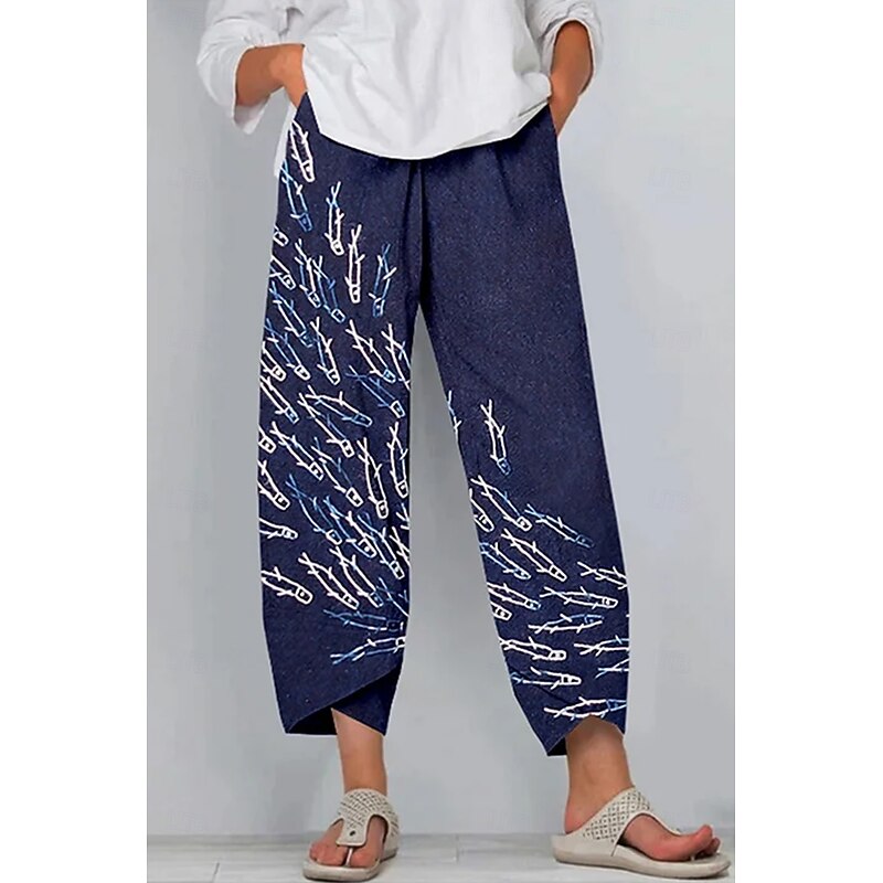 Women's Slacks Vacation Vintage Ethnic Style Full Length High Waist Floral Graphic Geometic Elastic Waistband Comfy Breathability Soft High Elasticity Outdoor Street Daily Navy Blue Blue Purple3