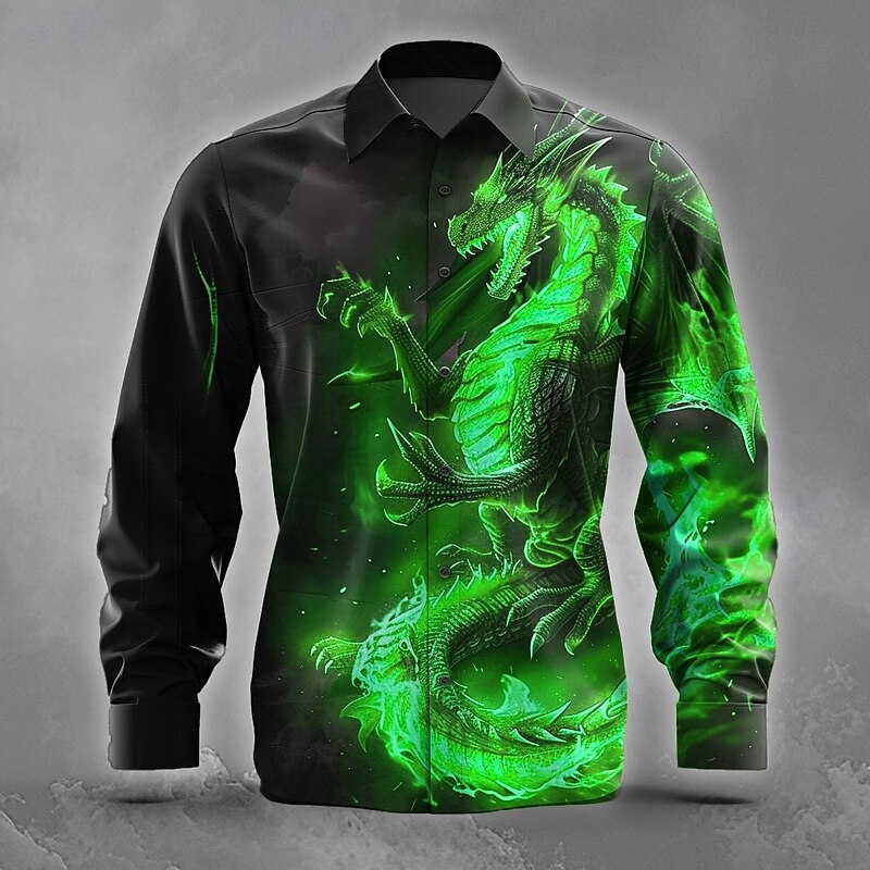 Men's Animal Dragon Flame Shirt Button Up Shirt Long Sleeve Dark Gothic Style Holiday Streetwear Summer Spring Turndown 3D Print Collared Shirts Purple Orange Green3