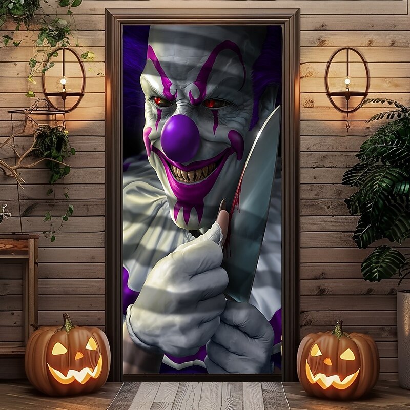 Halloween Door Covers Mischief the Clown by Tom Wood Door Tapestry Door Curtain Decoration Backdrop Door Banner for Front Door Farmhouse Holiday Party Indoor Outdoor Decor Supplies2