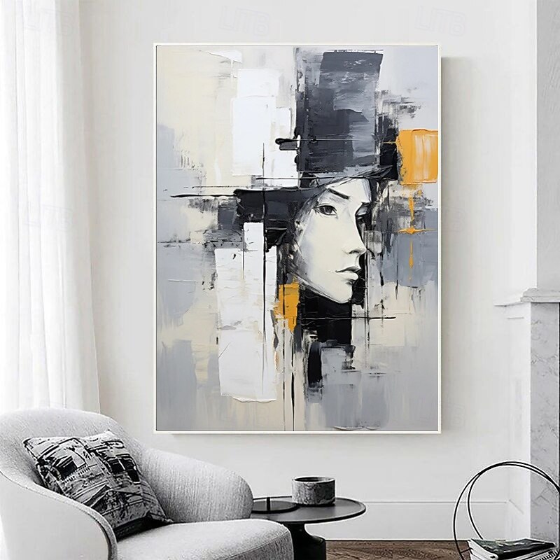 Handmade Oil Painting Canvas Wall Art Decoration Black and White Figure Abstract for Home Decor Stretched Frame Hanging Painting/Rolled Frameless Unstretched Painting3