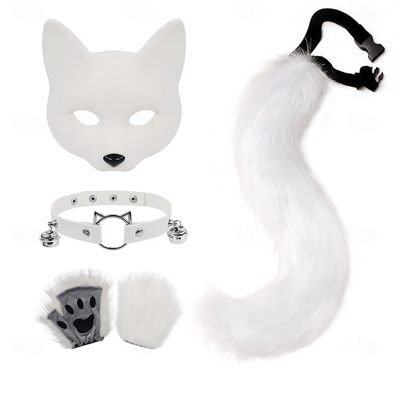 Furry Animal Mask Set – Half Face Cat and Fox Mask with Tail, Ears, and Collar for Halloween Costume, Cosplay Party, Dance and Performance3