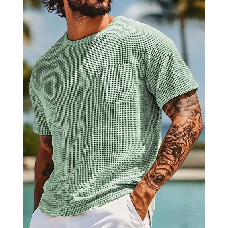 Men's Waffle Tee T Shirt Tee Short Sleeve Shirt Short Sleeve Crew Neck Summer Plain Fashion Designer Basic Pocket Vacation Street Going out Green Top Tee for Men