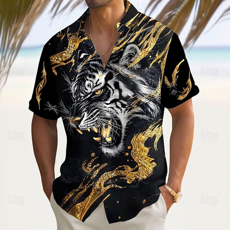 Men's Roaring Animal Tiger Shirt Summer Shirt Button Up Shirt Short Sleeve Dark Outdoor Vacation Dailywear Summer Spring Turndown 3D Print Collared Shirts Front One Pocket Red Blue Gold Green - Main Image