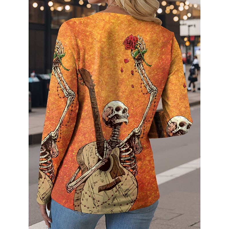 UntilTheLastNote By David Lozeau Halloween Women's T Shirt Skulls Crew Neck Long Sleeve Tunic Graphic  Vintage Stylish Classic  Round Neck Regular Tops Daily Print Orange Fall2