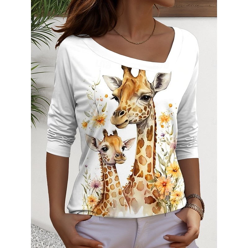 Women's T Shirt Graphic Animal Vintage Casual Long Sleeve Asymmetric Neck Regular Tops Daily Print White Yellow Orange Khaki Summer Spring Fall4