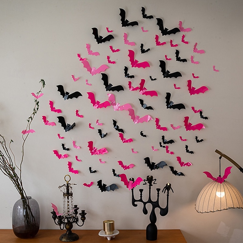 48 Pcs Halloween 3D Bats Stickers Decoration Spooky 3D Bats Indoor Outdoor Party Decor - Plastic Scary Gothic Stickers for Bathroom Kitchen Home Room Wall4