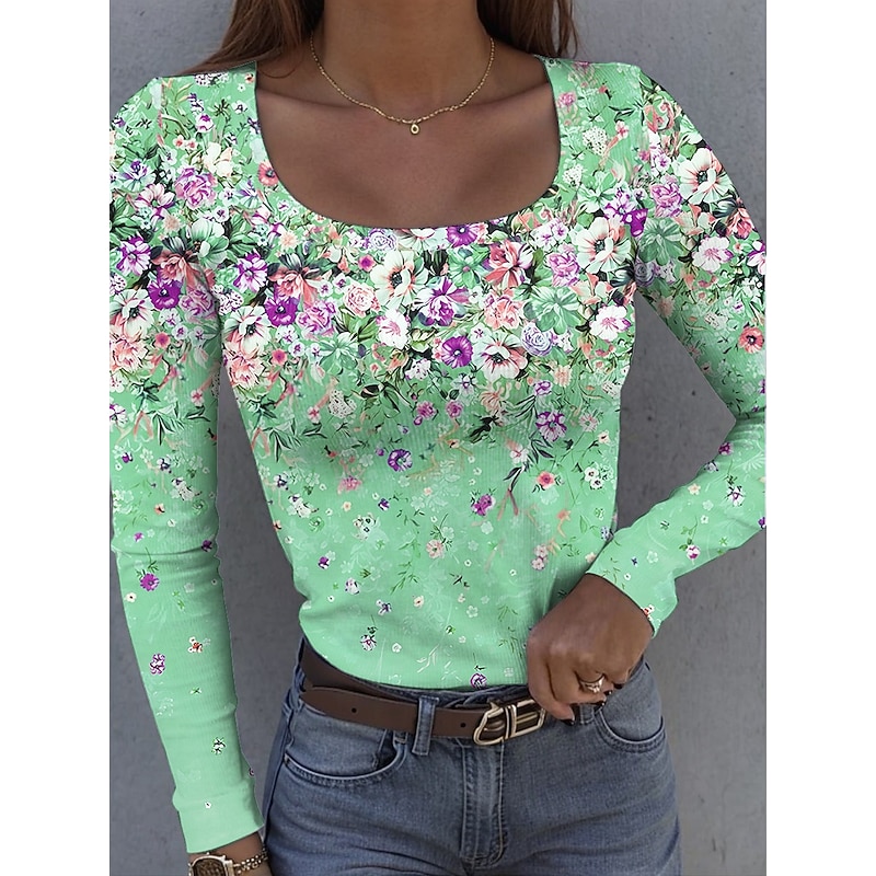 Women's T Shirt Ribbed Graphic Square Neck Long Sleeve Casual Floral Vintage Regular Tops Daily Print Yellow Pink Blue Purple Green Spring Fall
