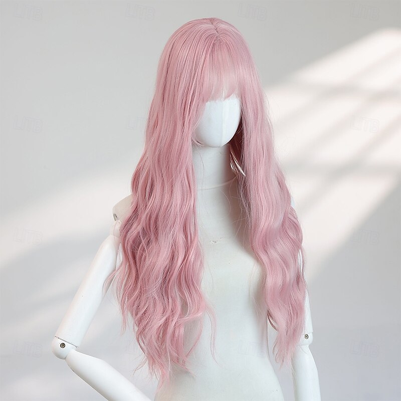 26‑Inch Pink Wavy Long Wig with Bangs – Synthetic Halloween Costume Hair, Perfect for Cosplay, Photo Shoots & Fashion3