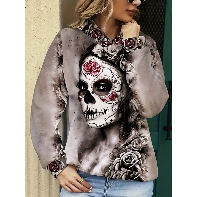 Halloween Women's Hoodie Pullover Sweatshirt Oversized Long Sleeve Casual Skulls Graphic Abstract Fashion Print Hooded Regular Tops Street Dailywear Drawstring Print Brown Khaki Dark Blue Fall Winter2
