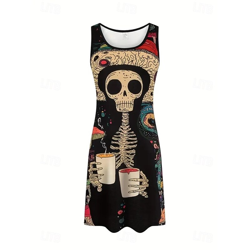 Halloween skeleton Women's Skulls Print Mini Dress A Line Dress Summer Dress Off The Shoulder Dress Vacation Casual Daily Loose Fit Floral Graphic Sleeveless U Neck White Summer Spring3