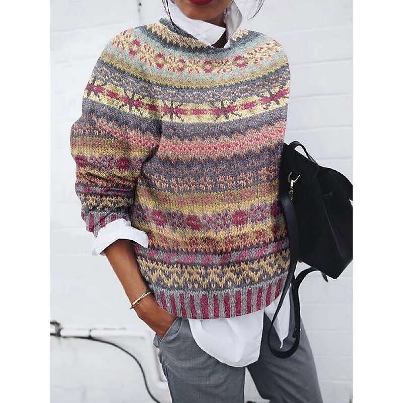 Women's Sweater Casual Soft Geometric Pure Color Ribbed Crew Neck Knitted Print Long Sleeve Regular Tops Knit Outdoor Daily Weekend Red Blue Fall Winter