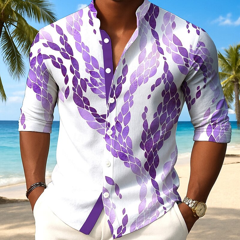 Men's Ombre Graphic Geometric Shirt Linen Shirt Button Down Shirt Long Sleeve Fashion Casual Outdoor Vacation Party Summer Spring Fall Grandad Collar Button Up 3D Print Blue Mint Green Purple3