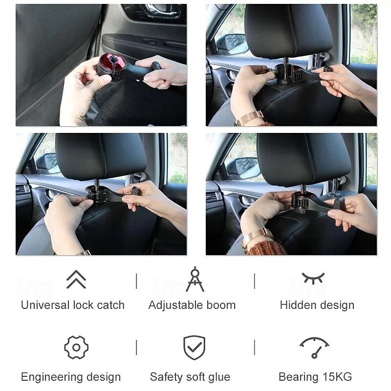 2pcs Headrest Bracket Car Hook 2 in 1 Car Headrest Hidden Hook Multifunction Rear Seat Organizer Locking Phone Holder Mount Hanger for Bags3