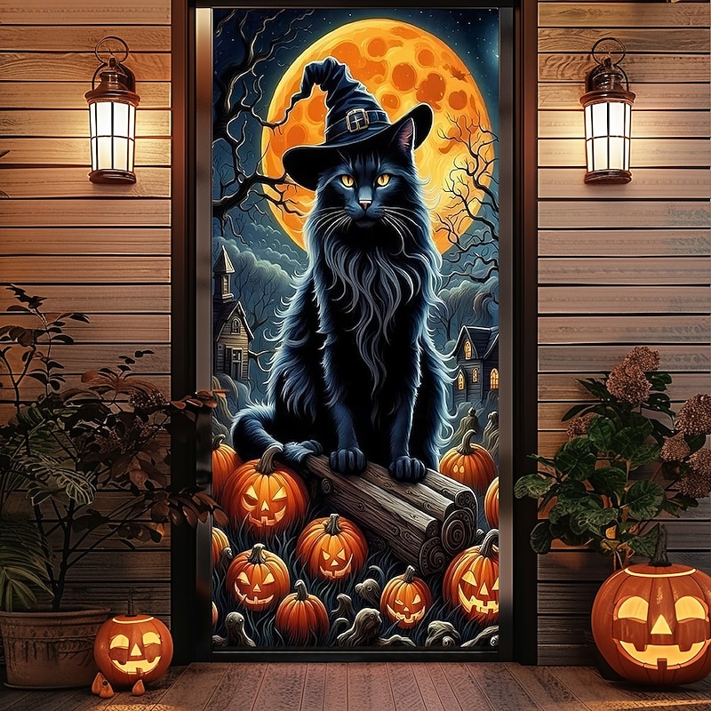 Halloween Door Covers Door Black Cat Tapestry Door Curtain Decoration Backdrop Door Banner for Front Door Farmhouse Holiday Party Indoor Outdoor Decor Supplies4