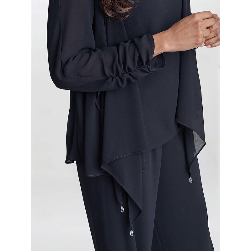 3 Piece Mother of the Bride Pantsuits Elegant Simple Luxurious Square Neck Floor Length Chiffon 3/4 Length Gathered Sleeve with Crystals Cascading Ruffles2