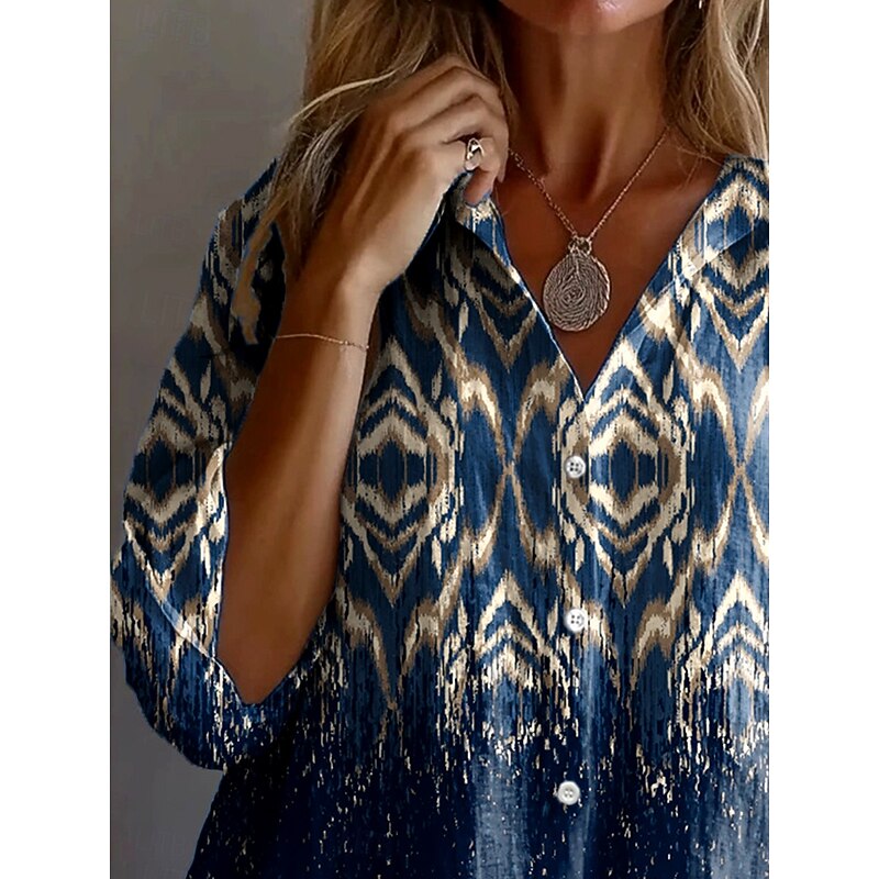 Women's Shirt Button Down Tunic Shirt Collar Long Sleeve Ombre Graphic Geometric Vintage Tropical Daily Regular Tops Work Daily Holiday s Print Navy Blue Spring Fall2