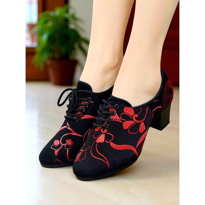 Women's Black and Red Floral Lace-Up Dance Shoes - Chunky Heel Professional Ballroom Practice Shoes for Female Dancers and Latin Training