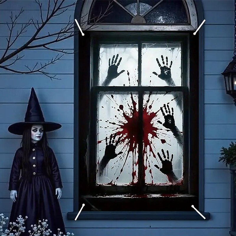 Halloween Window Curtain Bloody Handprints Bathroom Scene, Scary Door Cover, Window cover, Wall Tapestry for 2025 Halloween Haunted House Decoration2