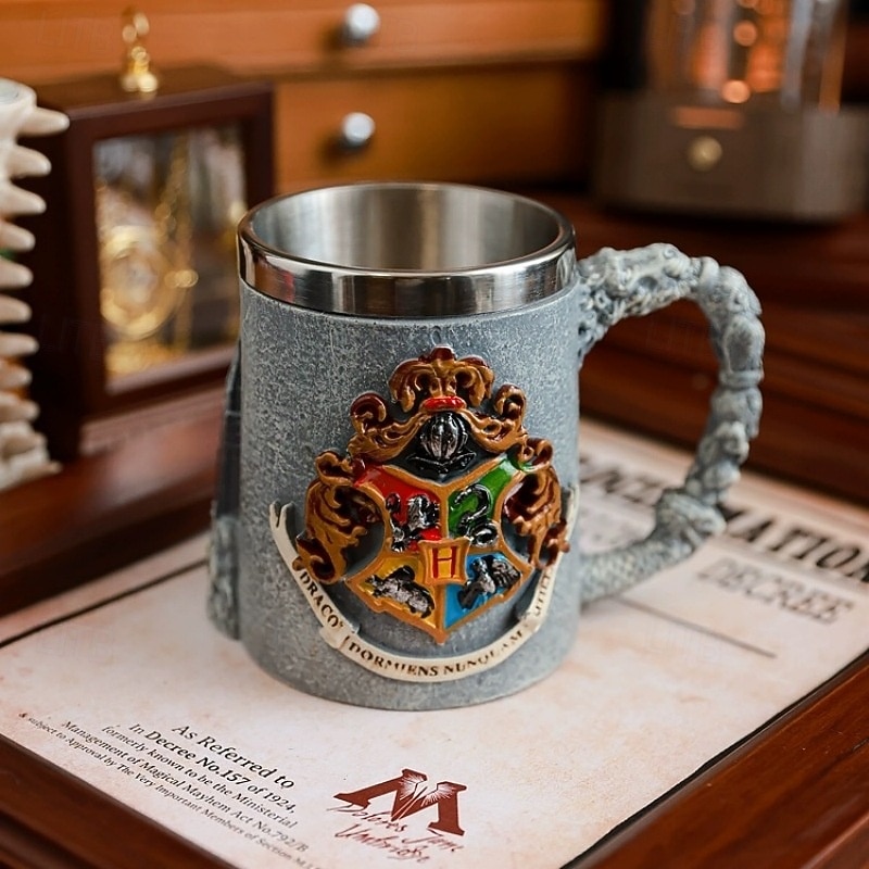 Magic Castle Emblem Mug, Stainless Steel Retro Beer Stein, Wizard Academy Gift Cup, Fantasy Drinkware for Fans and Collectors3