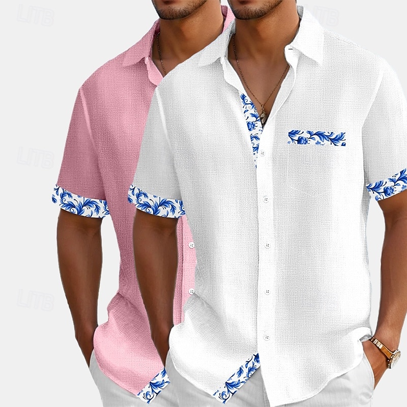 Men's Shirt Linen Shirt Summer Shirt Beach Shirt Button Up Shirt Flowers Vacation Holiday White+Pink White+Navy Blue Pink+Navy Blue Blue+Navy Blue Short Sleeve Collar Summer Clothing Apparel Patchwork4