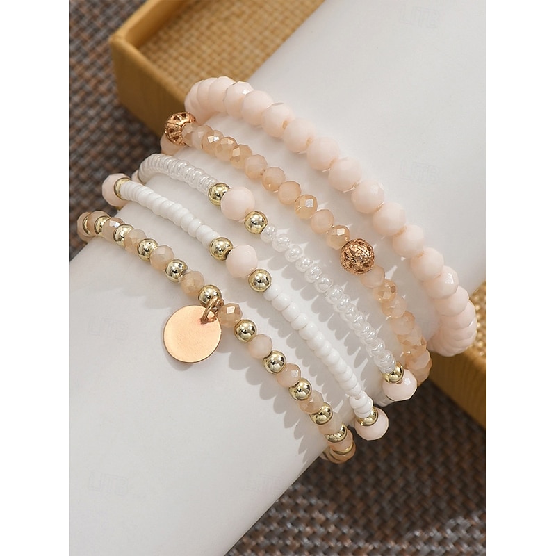 Women's 5-Piece Beaded Bracelet Set with Gold Accents and Charm Pendant, Boho Stackable Jewelry for Summer, Beach and Casual Outfits4