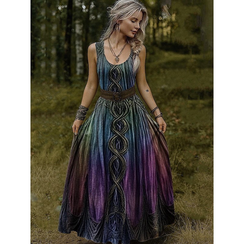 Women's Vintage Viking Celtic Knot Gradient Art Dress Pleated Dress Vacation Casual Boho Beach Regular Fit Graphic Ethnic Sleeveless V Neck U Neck