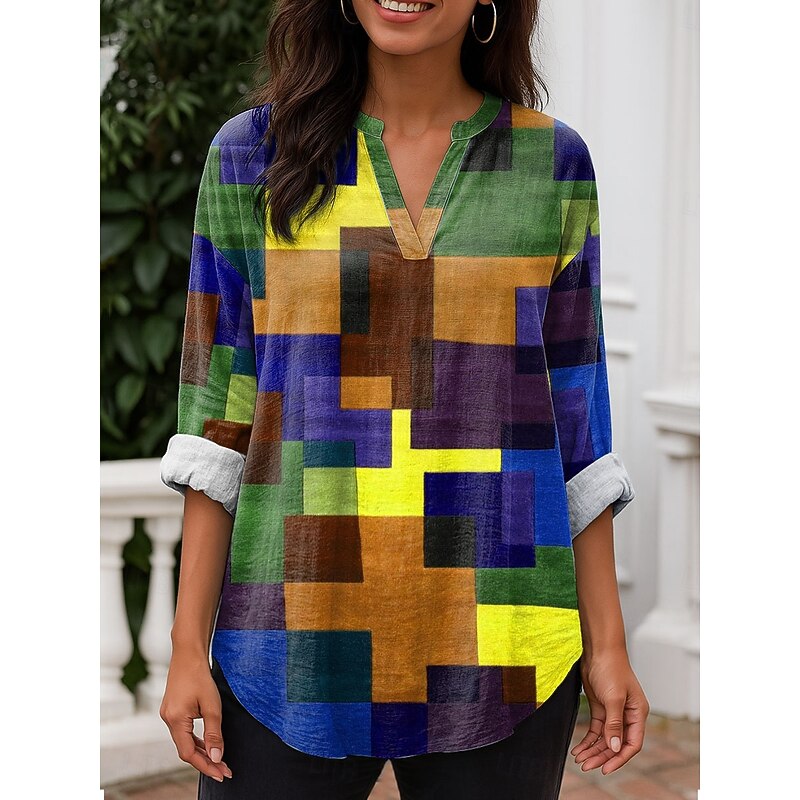 Women's Blouse Tunic V Neck Long Sleeve Boho Casual Tops Graphic Geometric Daily Stylish Regular Tops Work Daily Print Yellow Red Blue Purple2