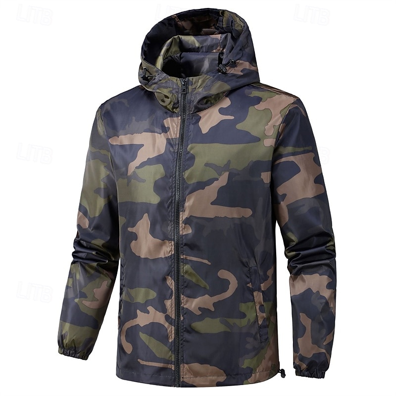 Men's Outdoor Jacket Windbreaker Vacation Daily Windproof Pocket Spring Fall Camouflage Fashion Classic Hooded Regular Black Green Gray Jacket3