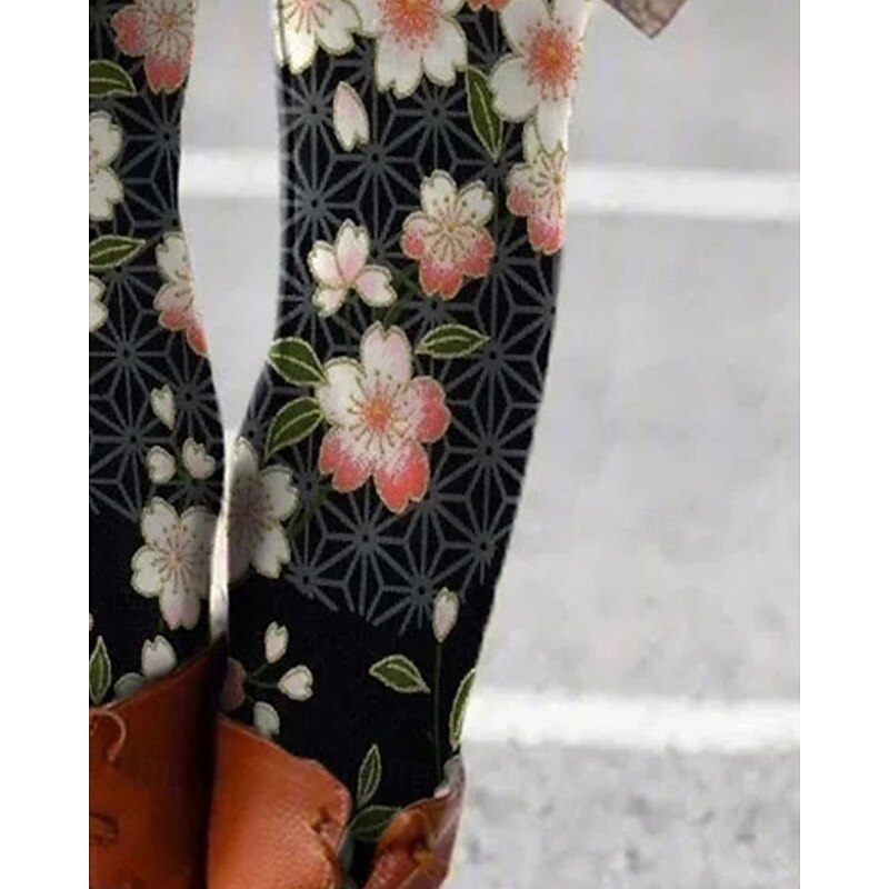 Women's Pants Trousers Leggings Cozy Leggings Streetwear Casual Full Length High Waist Flower Elastic Waist Print Breathability Comfortable Stretchy Vacation Street Daily Wear Black Spring Fall3