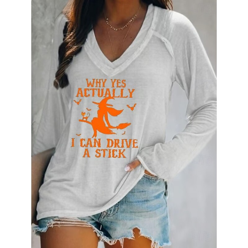 Halloween Women's T shirt Witch Long Sleeve V Neck Long Sleeve Graphic Casual Letter Vintage Stylish Western Tops Daily Weekend Vacation Wear Print Black White Pink Navy Blue Blue Spring Fall Prefall2